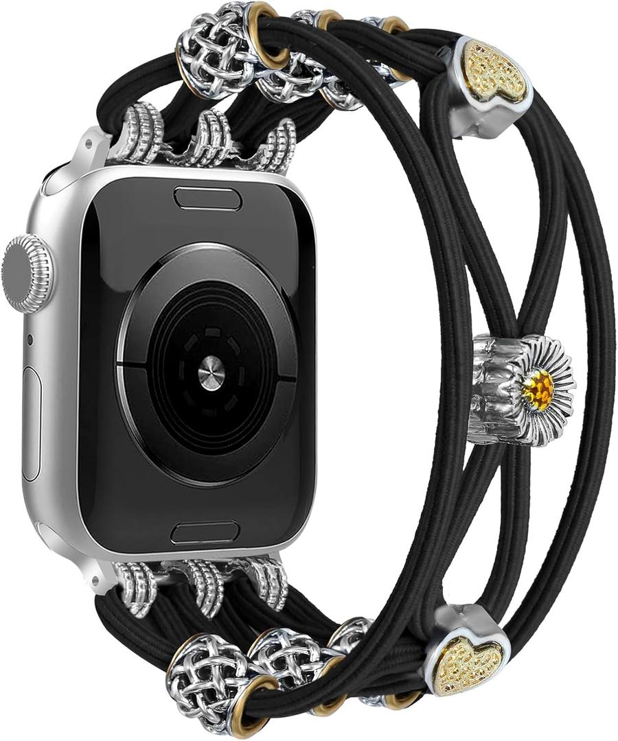 Beaded Bracelet Compatible with Apple Watch Band 41mm 38mm 44mm 42mm 45mm 46mm 49mm Women Boho Braided Solo Loop Nylon Stretchy Dressy Strap for iWatch Serie11/10/9/8/7/6/5/4 SE 3/2/1 Ultra