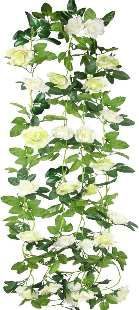 2 Pcs Artificial Rose Flower Garland Outdoor White 15.8ft Fake Vines Silk Flowers Hanging Rose Ivy Vines for Bedroom Wedding Arch Decor Flower Garland for Backdrop Wall Party Garden Centerpiece