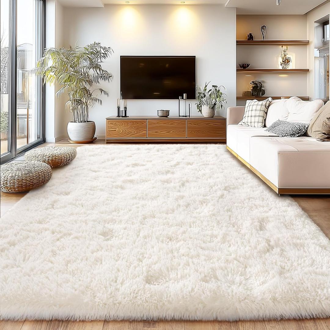 Cream White Plush Rug for Living Room Fuzzy Carpet for Bedroom Dorm, Non-Slip High Pile Rug, Shag Rug for Playroom Nursery Home Office Decor 4X6 Ft