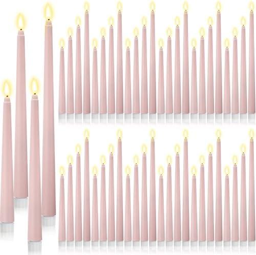 Rossesay 48 Pcs Flameless LED Taper Candles Battery Operated Candles 4 Sizes of 8.5'', 9.65'', 10.83'', 12.8'' Flameless Candlesticks Flickering for Halloween Christmas Church Wedding(Dusty Pink)