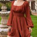 Florboom Women's Adjustable Square Neck Drawstring Dress Puff Long Sleeve Smocked Waist Mini Dresses (S)