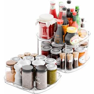 Yieach 2 Pack Rectangle Lazy Susan for Refrigerator,12x10 Square Fridge Turntable Organizer & Tray and 2 Tier Rotating Spice Rack for Jar,Can,Medication,Condiments,Seasoning Organizer for Cabinet