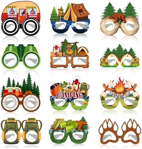 JIUMANGO 24 PCS Camping Paper Eyeglasses Camping Party Favors Supplies Camping Camp Birthday Party Decorations Gifts Photo Booth Props for Kids Boys Girls