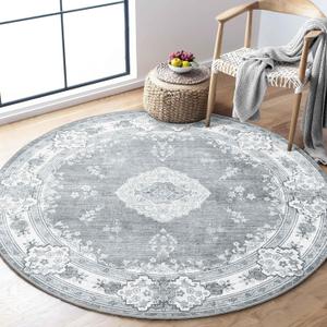 MUJOO Grey Round Rug 4ft,Circle Washable Area Rugs for Bedroom Living Room Bathroom,Vintage Bohemian Distressed Farmhouse Non Slip Circular Carpet,Floral MUJOO Grey Round Rug 4ft,Circle Washable Area Rugs for Bedroom Living Room Bathroom,Vintage Bohemian Distressed Farmhouse Non Slip Circular Carpet,Floral