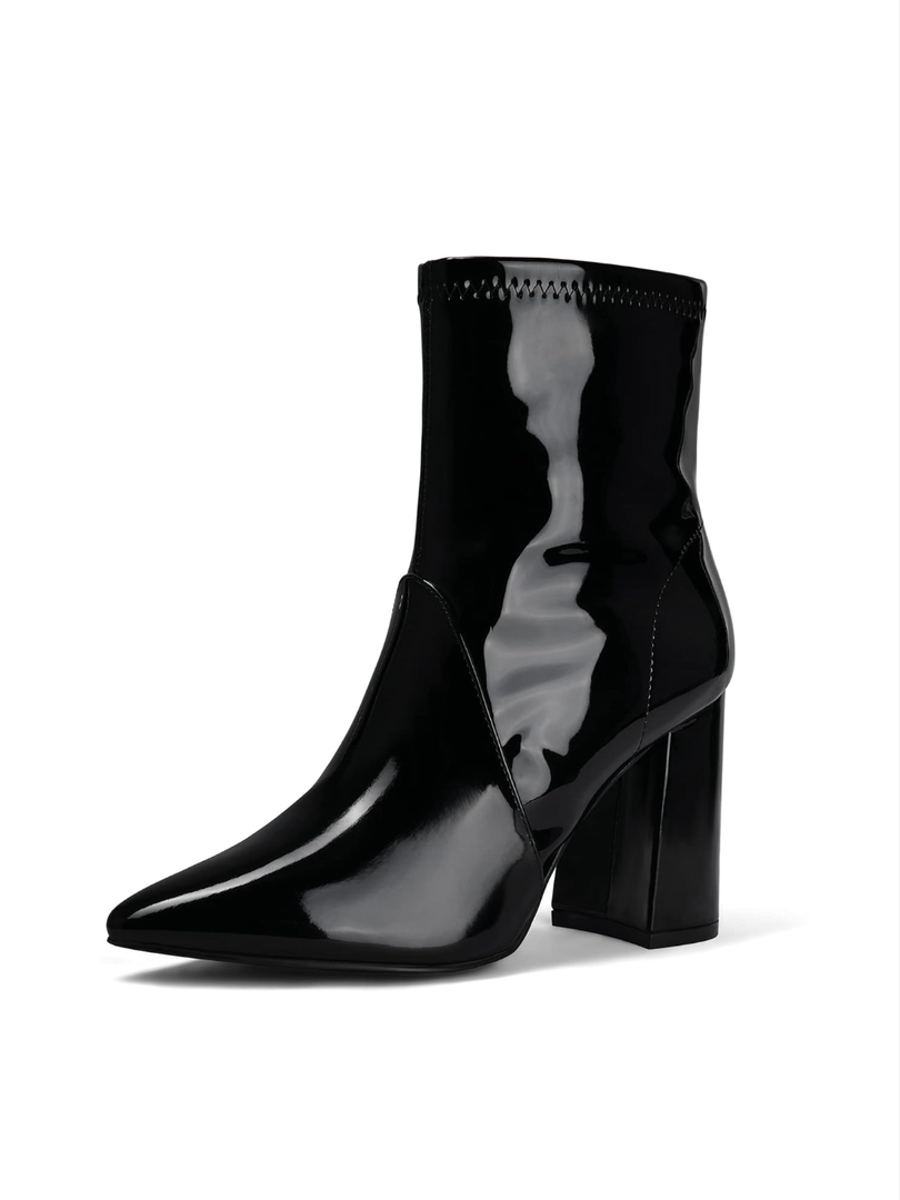 mysoft Women's GoGo Boots Mid Calf Block Heel Ankle Boots Pointed Toe Patent Leather Side Zipper Booties, Size 6