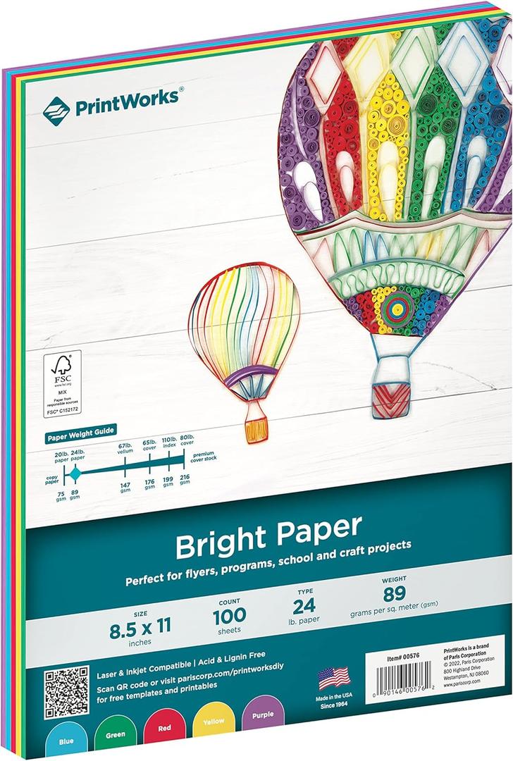 PrintWorks Bright Colored Paper, 24 lb, 4 Assorted Colors, FSC Certified, Perfect for School and Craft Projects, 100 Sheets, 8.5 x 11 Inch (00576), Single