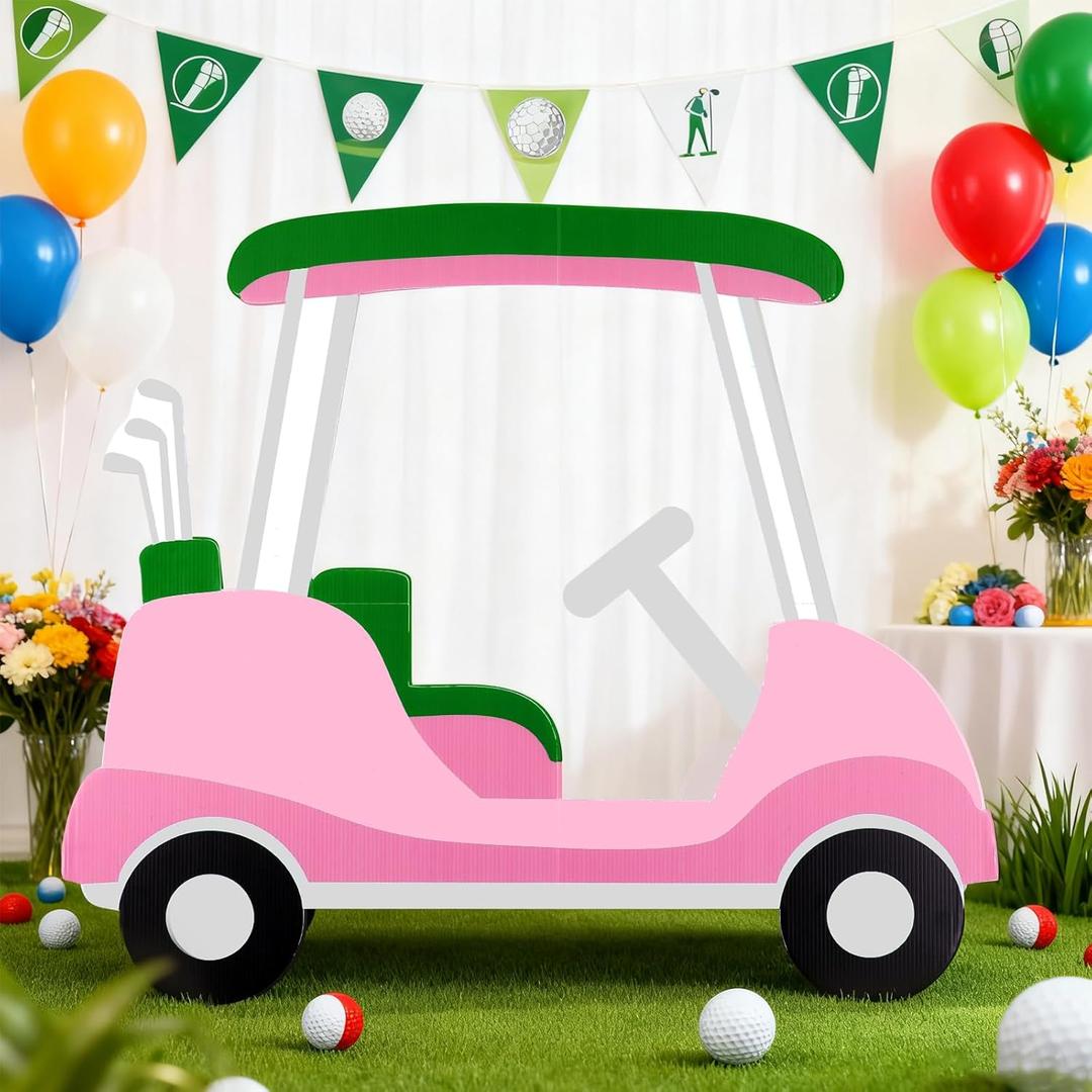 Janlaugh Golf Cart Cutout Props Golf Cart Decoration Backdrop Photo Booth Props Stand in Cardboard Fun Sports Photo Background for Baby Shower Birthday Decor First Birthday Gender Reveal Party(Pink)