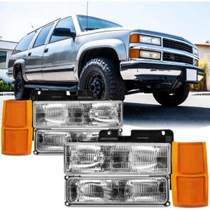 HEADLIGHTS ASSEMBLY COMPATIBLE WITH 94-98 OBS CHEVY TRUCK, 1994-1998 CHEVY SILVERADO, 1992-1994 BLAZER, 92-99 CHEVY SUBURBAN, 95-00 CHEVY TAHOE (ONLY 2000 TAHOE LIMITED/Z71), HEADLAMP FACTORY STYLE (Chrome Amber)