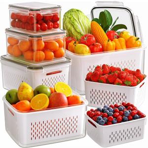 6 PCS Fruit Storage Containers for Fridge with Removable Colanders, 6 Plastic Food Storage Containers with 6 Lids, Leakproof Produce Containers Keep Fruits, Vegetables, Berry, Meat Fresh Longer