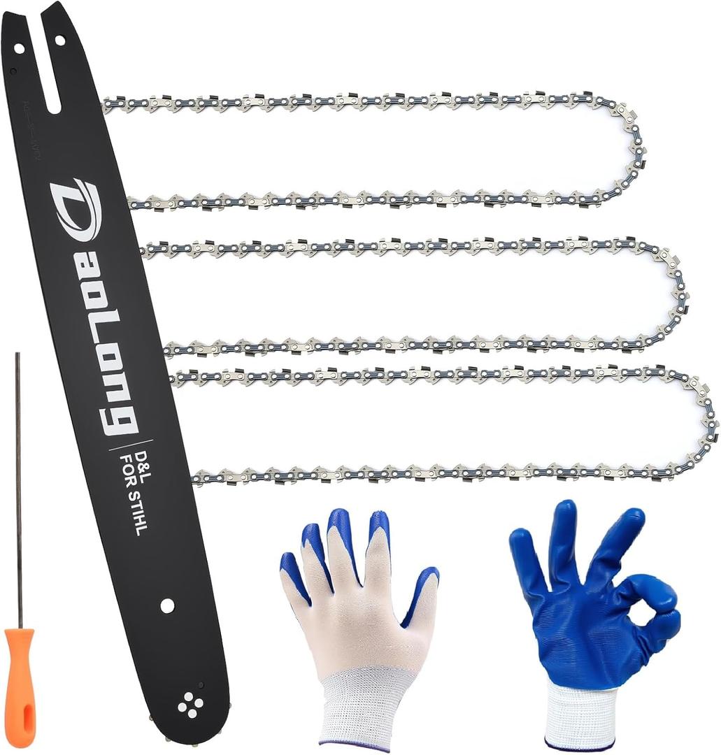 16 Inch Chainsaw Bar & Chain Combo - 3/8"LP Pitch .043" Gauge 55 Drive Links Fits MS170/MS180c/Stihl MS170 Bar/16 Chainsaw Chain - Complete Saw Chain Kit3 Chains + 1 Bar + 1 File + 1 Gloves