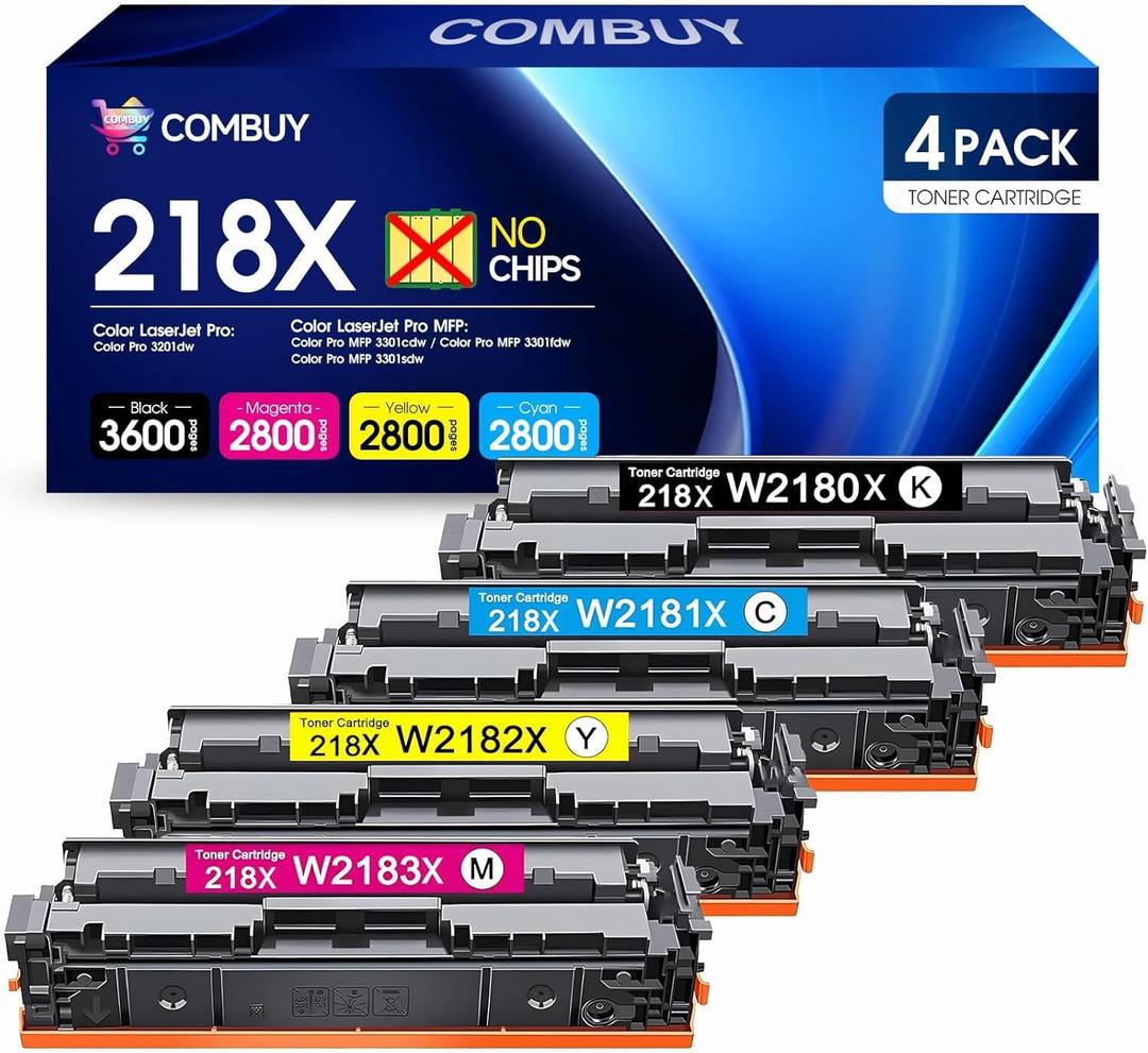 COMBUY 218X Toner Cartridges 4 Pack (NO CHIP) High Yield Replacement for 218X 218A Toner Cartridges W2180A W2180X for Color Pro MFP 3301fdw 3201dw 3301cdw 3301sdw Printer W2180A W2180X Ink (B/C/Y/M)