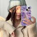 Jusy Compatible with iPhone 15, Colorful Retro Oil Painting Printed Flower Laser Glossy Pattern Cute Curly Wave Phone Case Soft TPU Cover for Girly Women - Purple