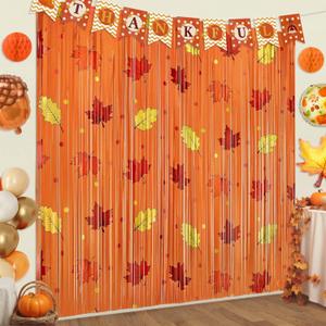 Thanksgiving Decorations Backdrop, 2 Pack Orange Maple Leaves Pattern 3.3 x 6.6 Ft Foil Fringe Curtains Streamers for Thanksgiving Friendsgiving Fall Autumn Harvest Photo Booth Props Home Party Decor
