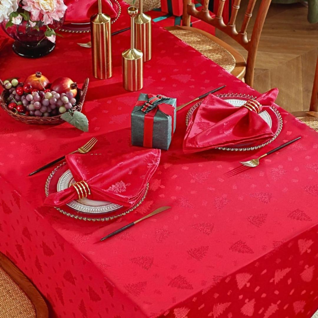 Honellaty Christmas Red Tablecloth, Jacquard Fabric Christmas Tree Pattern Table Cover Rectangle, Damask Table Cloth for Rectangle Tables, Holiday Tablecloths for Winter, Dinner, Party 60x102 inch Red