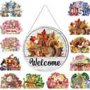 13PCS Interchangeable Seasonal Welcome Sign for Front Door, 12 Inch Rustic Round Wood Door Decorations Hanging Outdoor, Farmhouse Home Wall Porch Signs for Spring Summer Fall Christmas All Seasons