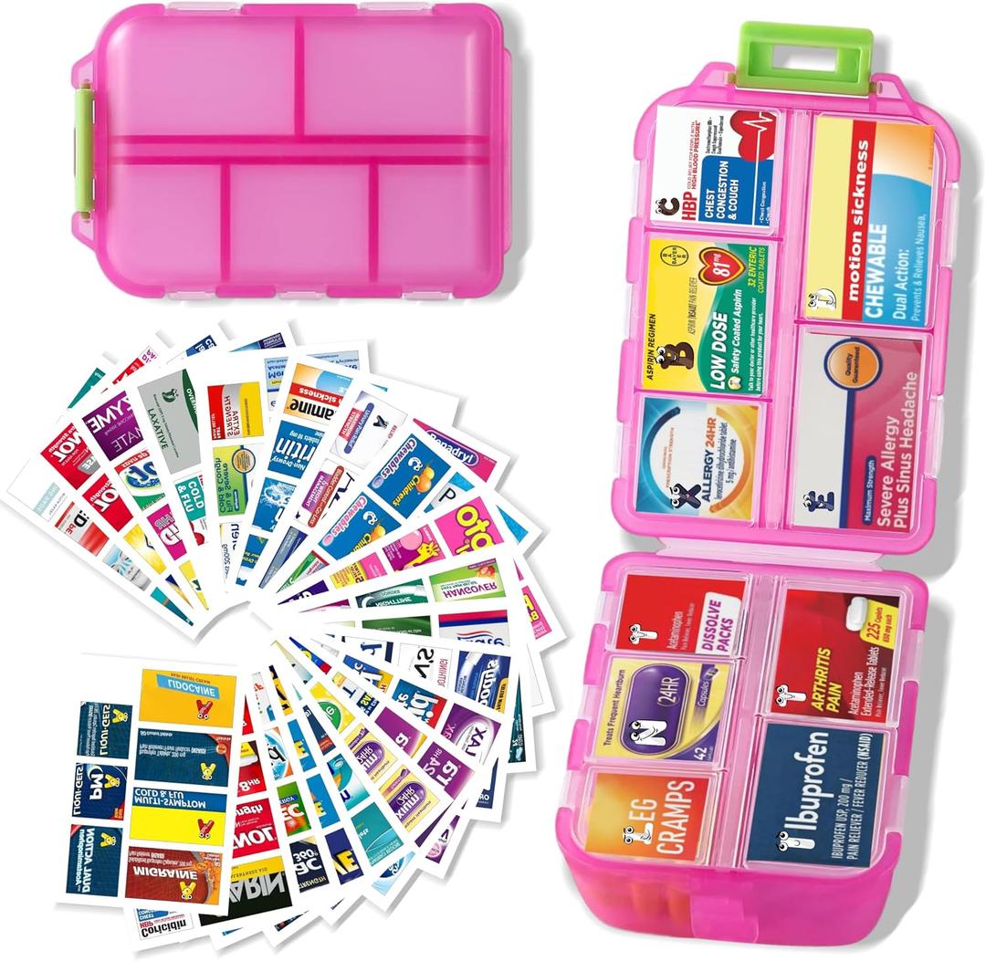 iouwei Large Pill Organizer with Medicine Labels - 7 Day Travel Daily Container, Mini Medication Storage Case (Pink, 161 Labels)