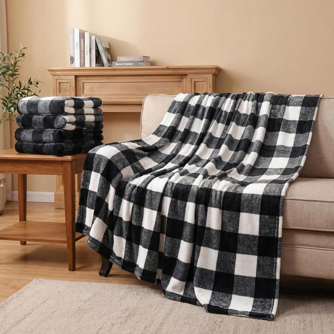 Preboun 6 Pack Fleece Throw Blankets, Buffalo Plaid Lightweight Throws for Sofa, Travel, Office & Bulk Use(50 x 60 Inch,Black and White)