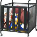 Outdoor Toy Storage Ball Storage Rack, Sports Ball Storage Cart with Wheels and Handles, Metal Sport Equipment Organizer Rack with Elastic Straps for Garage, Gym or Playground, Black