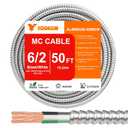 50FT 6/2 Metal Clad (MC) Cable with Ground, 6 Gauge Electric Wire with Aluminum Armor, Solid Bare Copper Conductors for Indoor Outdoor Underground Embedded Installation (6/2, 50 ft)