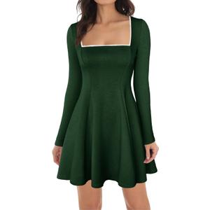 Lrady Womens Square Neck Bodice Dress Long Sleeve Flare A Line Club Party Mini Ruffle Swing Short Dresses, Dark Green, Large