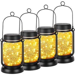 Mlambert 4 Pack Solar Hanging Lantern with Stakes, Outdoor Waterproof Solar Mason Jar Fairy String Lights Decorative Vintage Glass Lamp-Warm White
