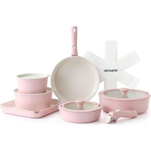 SENSARTE 17 Piece Ceramic Pots and Pans Set, Nonstick Detachable Handle Cookware, Induction Kitchen Cookware Set with Removable Handle, Dishwasher  Oven Safe (Pink)