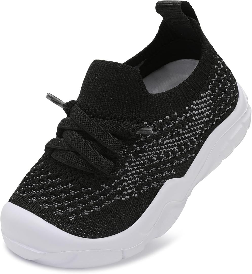 FEETCITY Toddler Sneakers Toddler Walking Shoes Boys Girls Toddler Tennis Shoes Lightweight Brethable Kids Slip On Shoes (Black White), 3 Toddler
