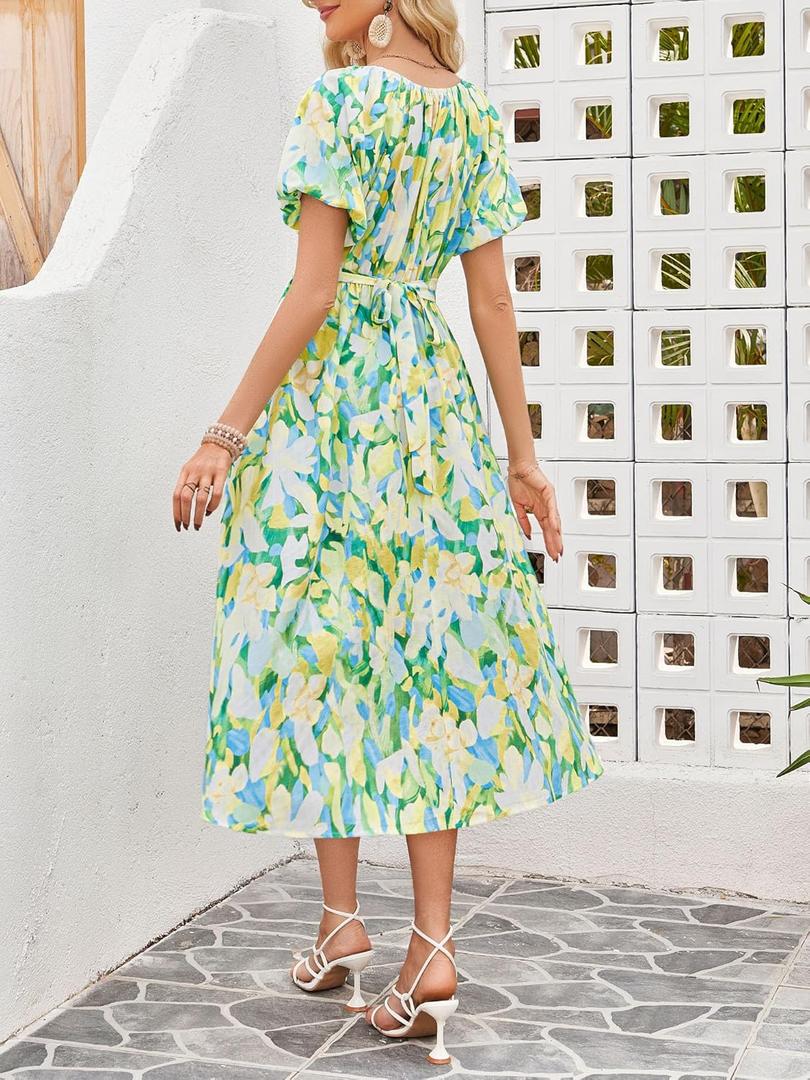 FENSACE Women's Elegant Floral Flowy Puff Sleeve Dress Summer 2025 Casual Romantic Sundress with Elastic Tie-Waist, Large, Green Floral Design 