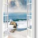 Framed Window Beach Scene Wall Art, Nature Blue Coastal Seascape Vertical Canvas Painting Prints, Relaxing Landscape Picture Artworks for Living Room Dining Room Hallway Office Wall Decor, 24x36 Inch