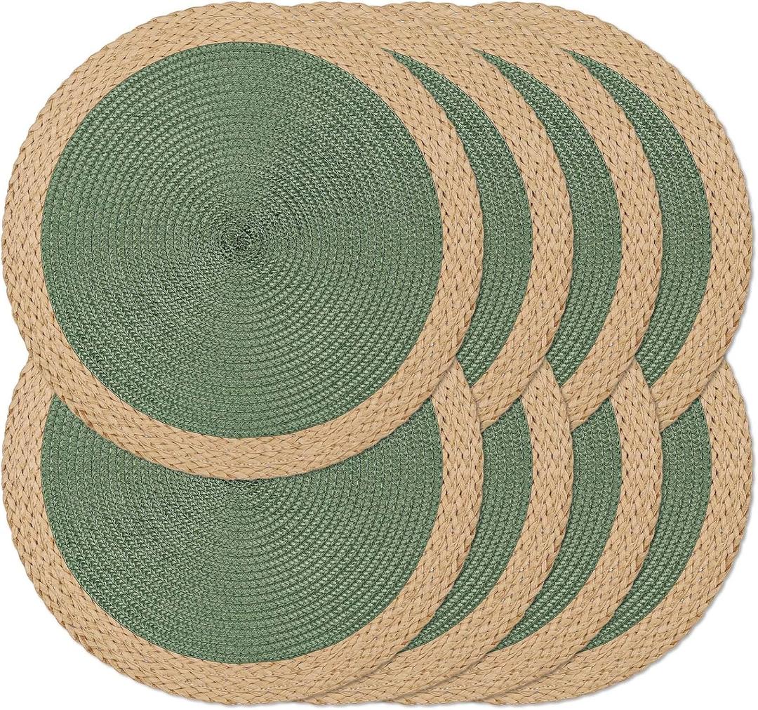 Noctiflorous Braided Round Placemats Set of 8, 15 Inch Woven Table Mats, Non-Slip Washable Wide Edge Place Mats for Kitchen Dining Table Decor (Green, 8)