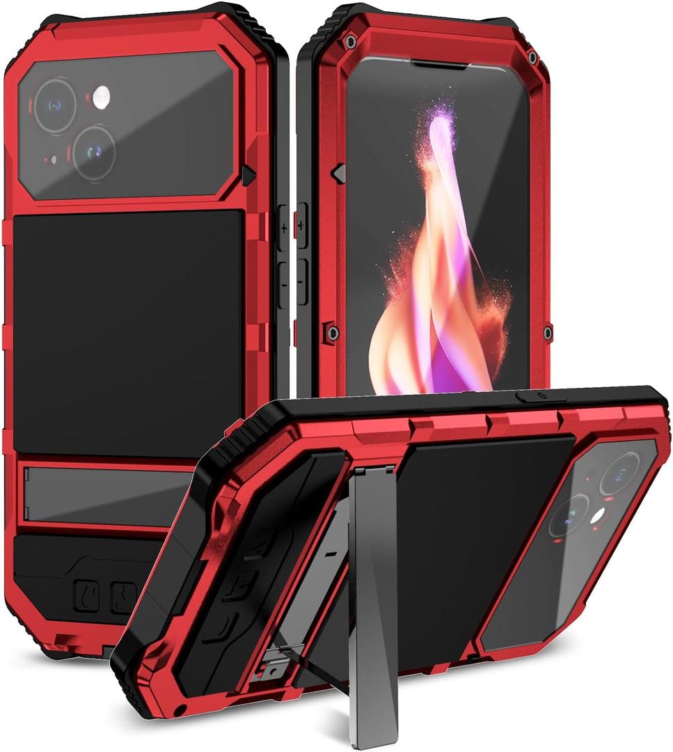 for iPhone 15 Case Heavy Duty Protection with Built in Lens Screen Protector Rugged Stand 360 Full Body Military Grade Metal Bumper Phone Cases Men 2023 6.1 inch Red