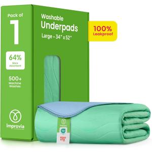 IMPROVIA Washable Underpads, 34" x 52" (1 Pack) - Heavy Absorbency Reusable Incontinence Pads for Kids, Adults, Elderly, and Pets - Waterproof Protective Pad for Bed, Couch, Sofa, Furniture, Floor (Green)