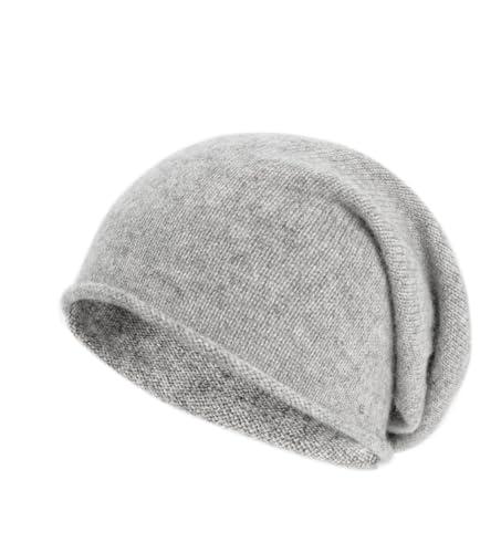 Villand 100% Cashmere Slouchy Beanie Hat for Women, Knitted Ladies Soft Warm Cashmere Skull Beanies Cap (Light Gray) 