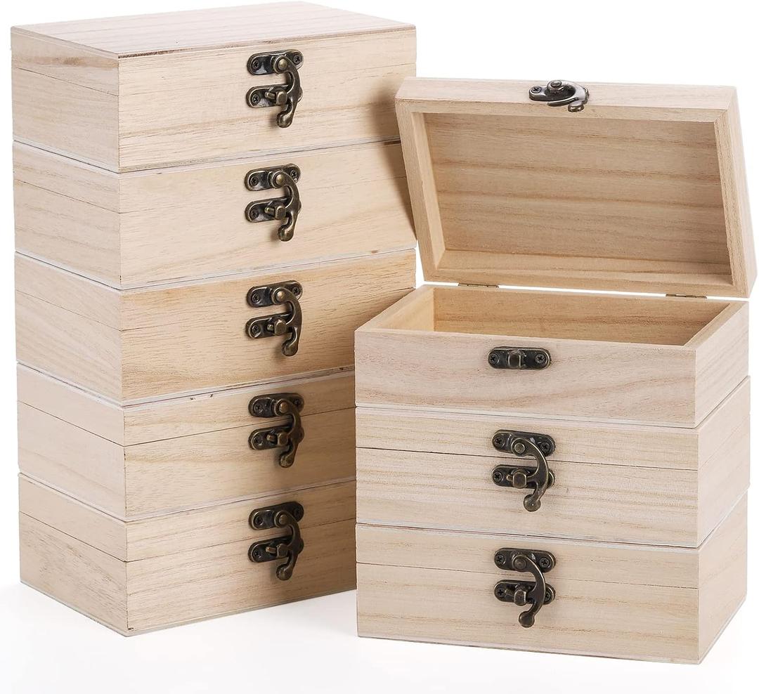 yarlung 8 Pack Unfinished Wooden Boxes for Crafts, 6x4x2 Inch Small Jewelry Storage Box Unpainted DIY Gifts Boxes for Treasure Chest Art Hobbies Memory Box, Hinged Lid with Front Clasp