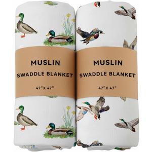 2 Pack Mallard Duck Muslin Swaddle Blankets 70% Bamboo 30% Cotton Breathable Receiving Blankets Gender Neutral Newborn Essentials for Baby Boy or Girl Soft and Large 47 x 47 Inches (Mallard Duck)
