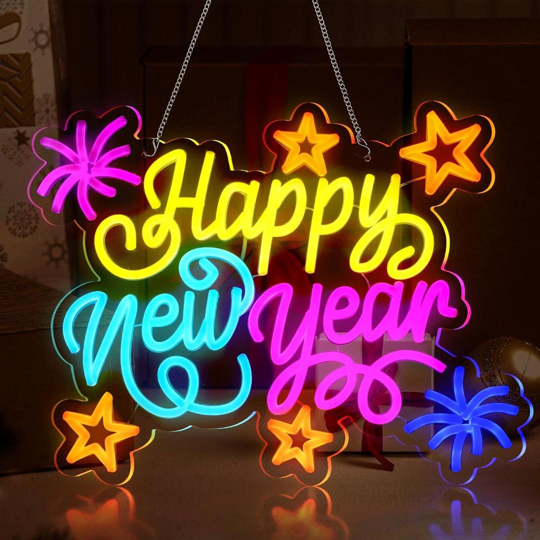 Retisee Happy New Year Neon Sign Light USB Powered LED Happy New Year Neon Sign for Bedroom Wall Decor 2026 Spring Festival Party Supplies(Fireworks)