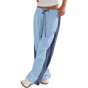 LOMON Pants for Women Wide Leg Side Striped Pants Drawstring Baggy Palazzo Work Trousers with Pockets (Blue, S)