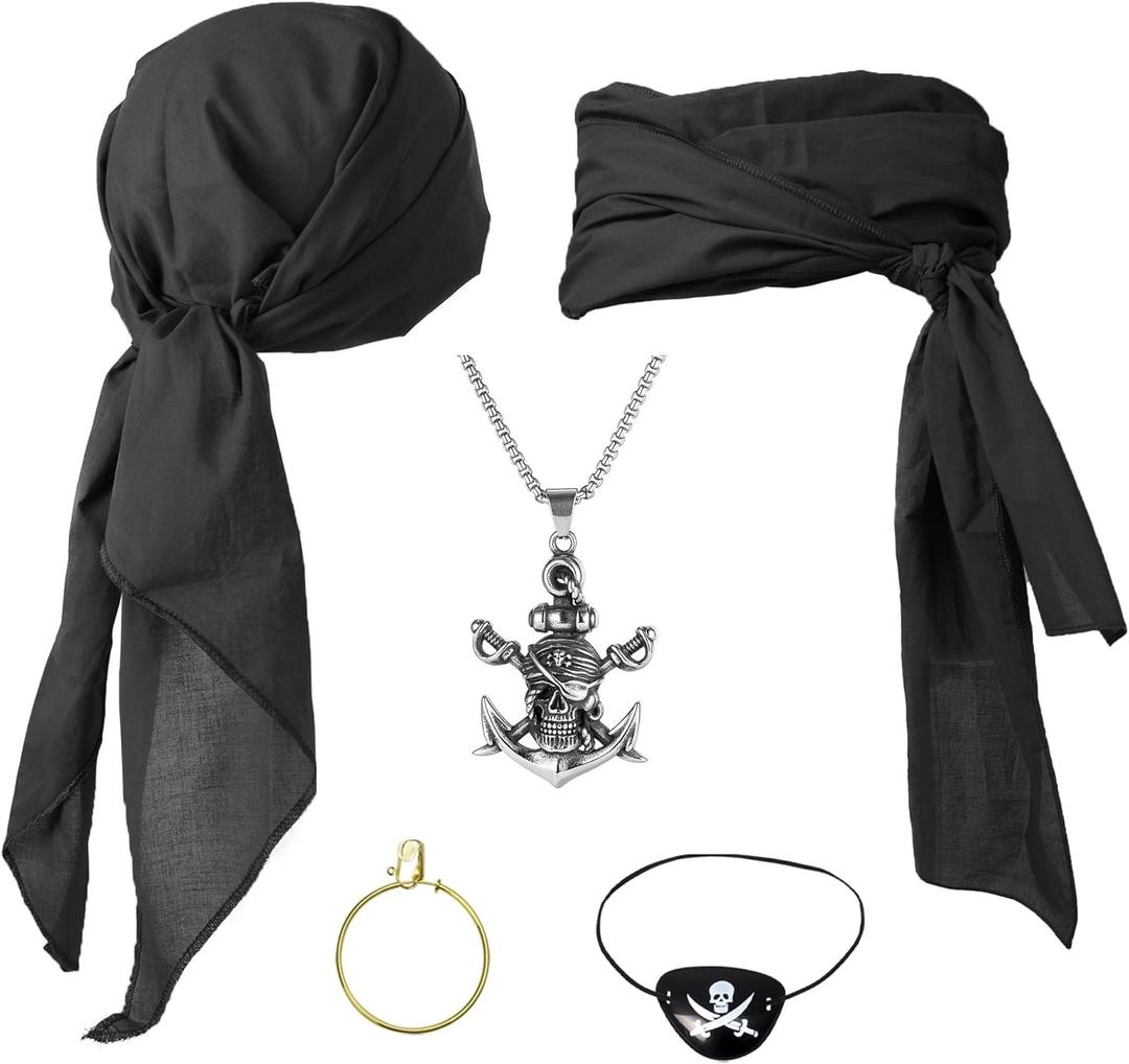 Cotton Pirate Costume Accessories Set for Men And Women Head Scarf Sash Belt Dress With Earring And Necklace (Black - 5 Pcs Set) Cotton Pirate Costume Accessories Set for Men And Women Head Scarf Sash Belt Dress With Earring And Necklace (Black - 5 Pcs Set)