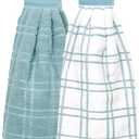 Ritz Premium 100% Cotton Solid and Multi Check Kitchen Tie Towel, Absorbent, Super Soft, and Fast Drying Hang Towel, Set of Two, Dew