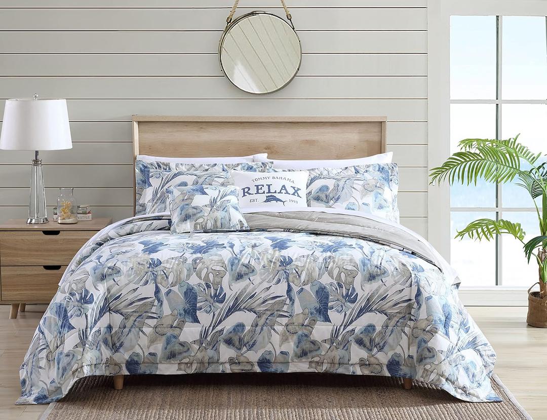 Tommy Bahama - Queen Comforter Set, Cotton Reversible Bedding with Matching Shams & Bedskirt, Super Soft Bedding Set (Raw Coast Blue, Queen)