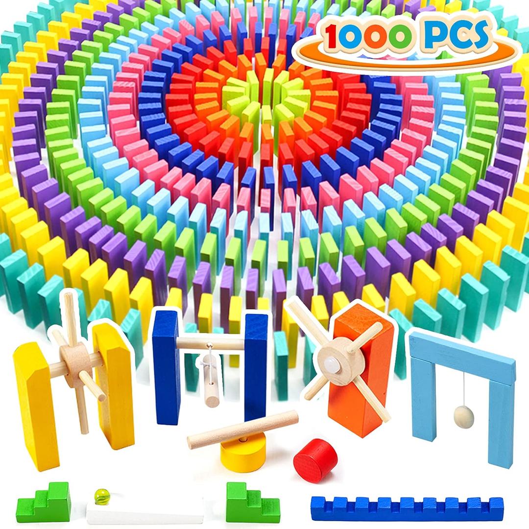 WOOD CITY 1000 Piece Dominoes Set for Kids with Extra 20 Blocks, Colorful Dominos Tiles for Building, Stacking, Racing, Tumbling, Wood Domino with Storage Bag and Box, Educational Toy