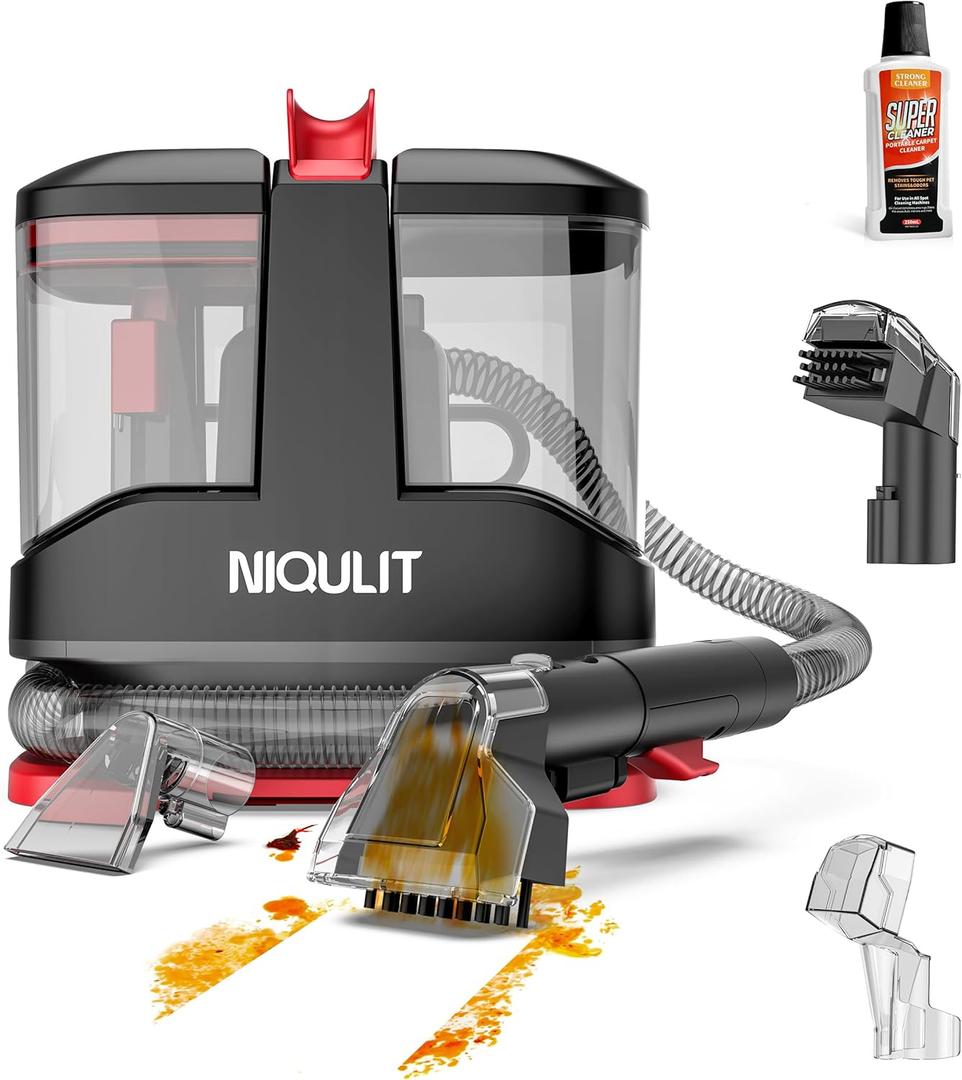 Portable Carpet and Upholstery Cleaner, 15Kpa Spot Cleaner Machine for Pets, Furniture Cleaner for Sofa, Area Rugs, Couch and Car, Carpet Cleaning Machine with Dual Brush Heads & Self-Cleaning System (Jet Black)