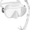 Italian Design Premium Tempered Glass Lens Anti-Fog Panoramic View Frameless Snorkel Mask, Elite Dry Snorkel Tube, Adjustable Fins - Mask Fin Snorkel Set