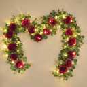 Dolicer 2Pcs 13Ft Artificial Eucalyptus Garlands with Flowers - 8 Roses, Faux Floral Greenery Garlands with 13Ft String Lights Fake Flowers Vines for Wedding Table Centerpieces Arch Party Decor (Red)