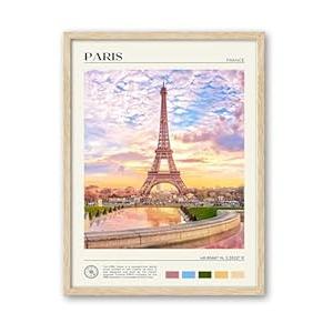 HesenDot Natural OAK Wood Framed Paris City Wall Art, 12x16in Eiffel Tower Scenery Canvas Wall Print Posters, Classic Urban Landmark Wall Decor for Living Room, Bedroom, Office Gallery, Set of 1