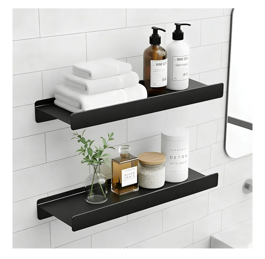 12 inch Metal Floating Shelves for Wall, Small Shelves Wall Mounted with Lip for Storage No Wobble, Heavy Duty Wall Shelves for Bathroom/Kitchen/Bedroom/Small Spaces, Black 12X 4.5X2, Set of 2
