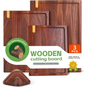 Walnut Cutting Board Set of 3 Handmade Wooden Chopping Boards with Holder, Deep Juice Grooves Side Handles Reversible NonToxic Serving, Gift for Mother's Day, Housewarming Wedding