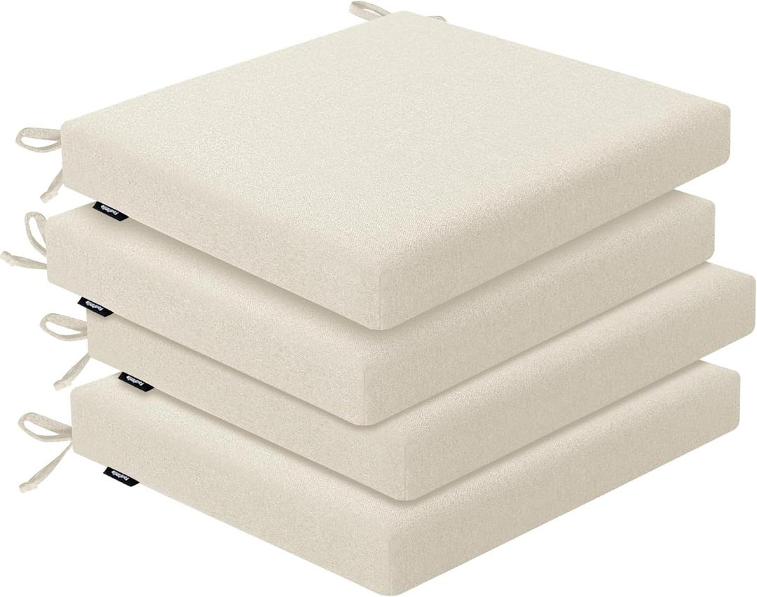Outdoor Chair Cushions Set of 4, Water-Resistant & Fadeness 17" W x 16" D x 2" T Seat Cushion, High Density Foam with Dual Straps for Patio Garden Furniture Sofa Dining Chairs, Beige