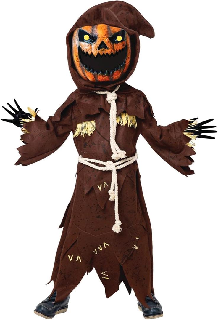 Spooktacular Creations Scary Scarecrow Costume for Kids, Halloween Costume for Boys w/Pumpkin Head, Pumpkin Outfit for Boys M(8-10 yr)