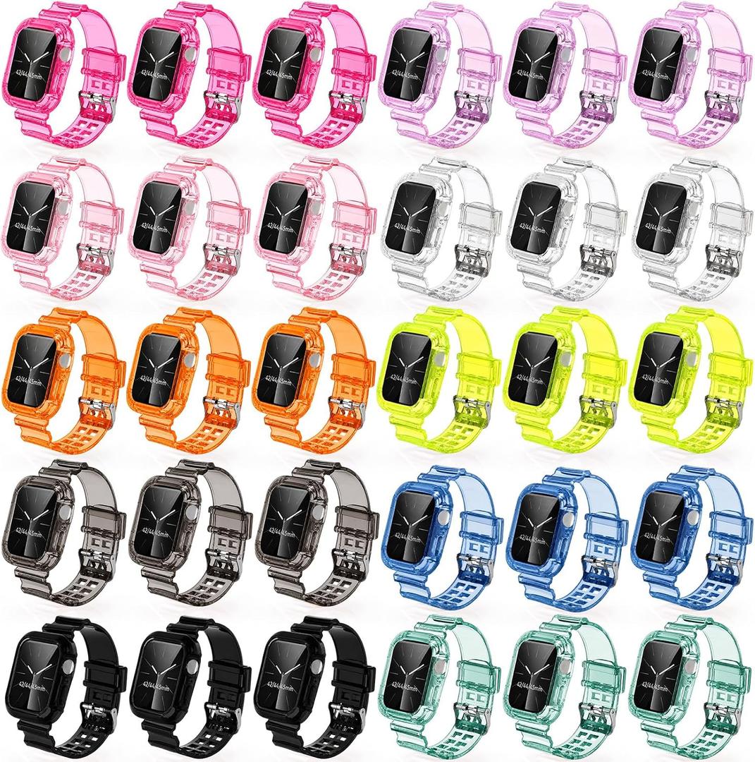 30 Packs Crystal Clear Bands Compatible with Iwatch Crystal Clear Jelly Strap, Compatible with 42/44/45 mm, Series 9 8 7 6 5 4 3 2 1, Se 3/2/1, 10 Colors in Total, Soft Tpu Sport Cover
